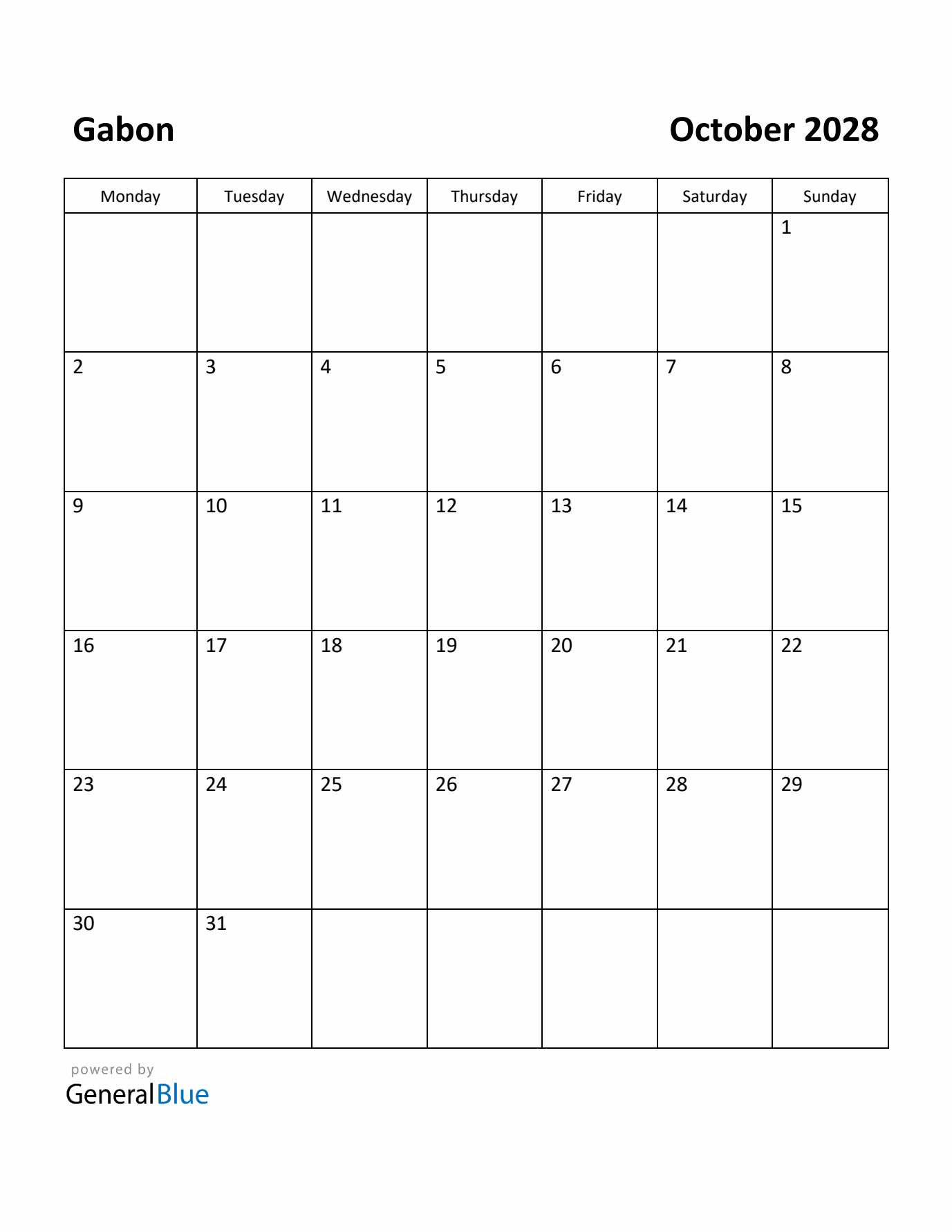October 2028 Calendar with Gabon Holidays