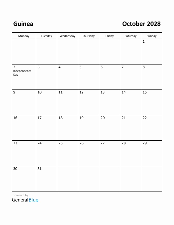 October 2028 Calendar with Guinea Holidays