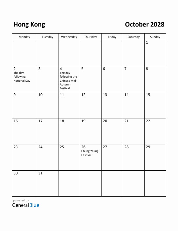 October 2028 Calendar with Hong Kong Holidays