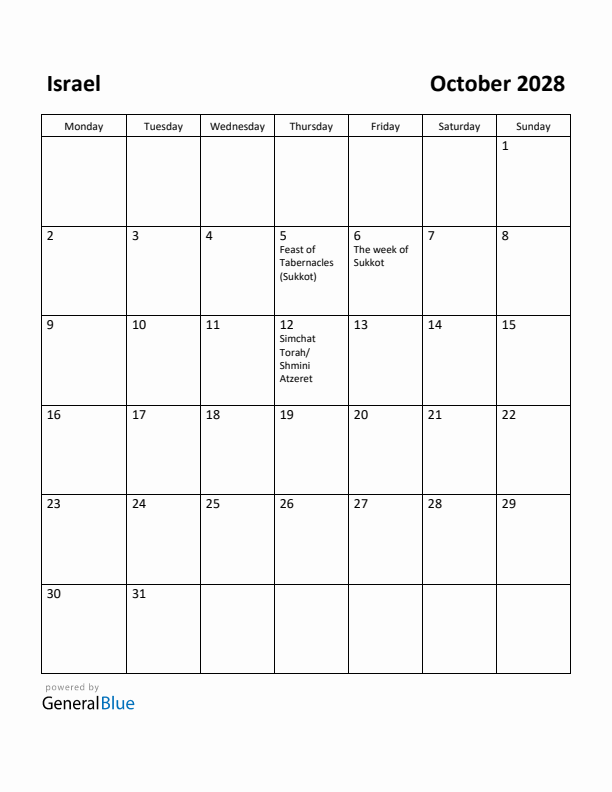 October 2028 Calendar with Israel Holidays