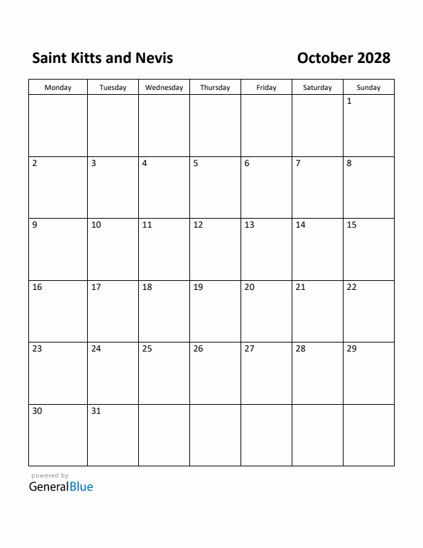 October 2028 Calendar with Saint Kitts and Nevis Holidays