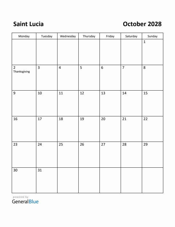 October 2028 Calendar with Saint Lucia Holidays
