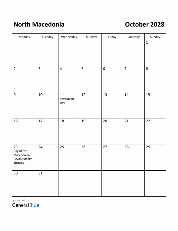 October 2028 Calendar with North Macedonia Holidays