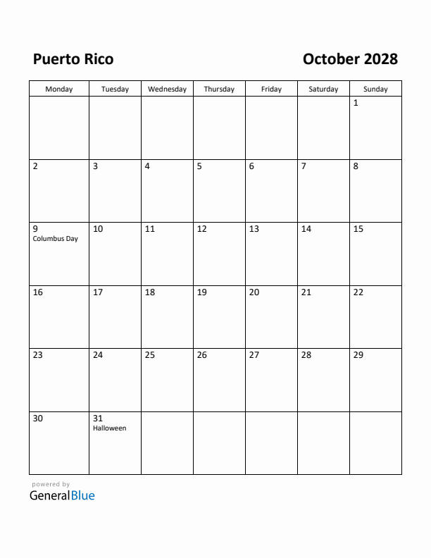 October 2028 Calendar with Puerto Rico Holidays