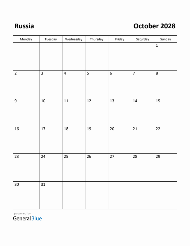 October 2028 Calendar with Russia Holidays