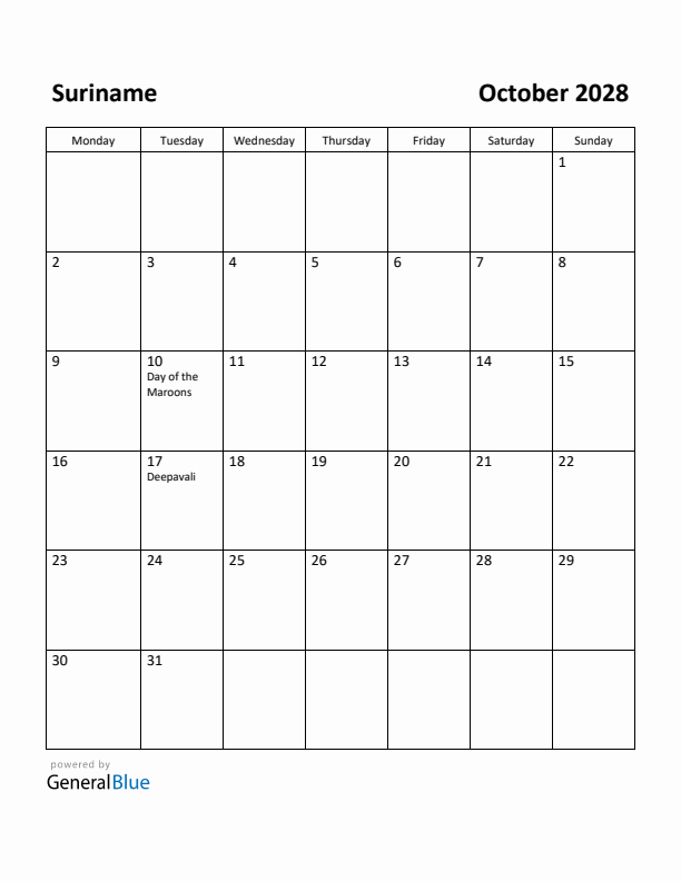 October 2028 Calendar with Suriname Holidays