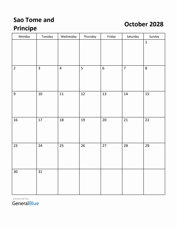 October 2028 Calendar with Sao Tome and Principe Holidays