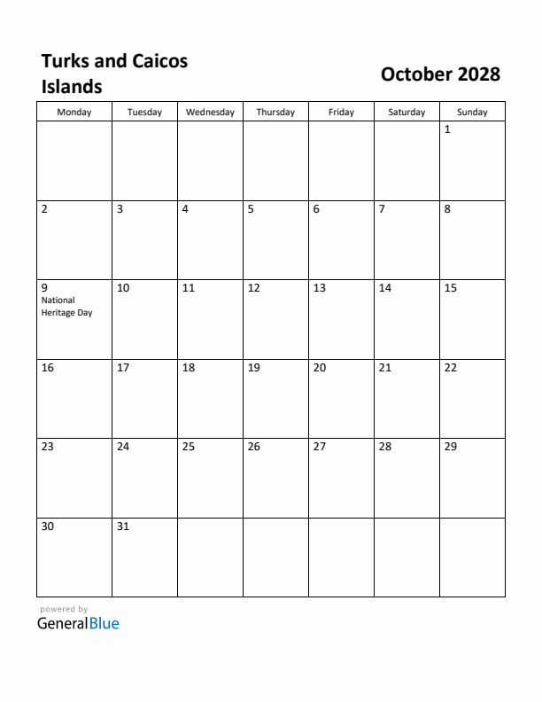 October 2028 Calendar with Turks and Caicos Islands Holidays