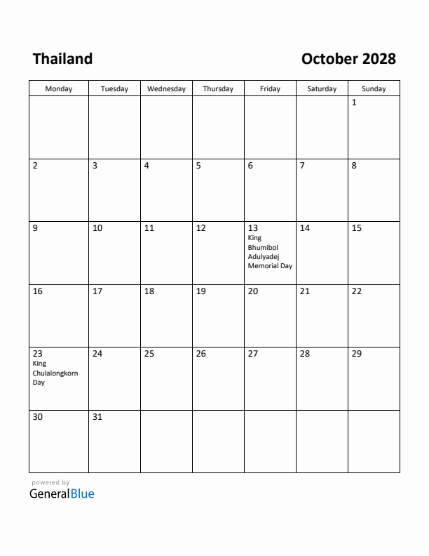 October 2028 Calendar with Thailand Holidays