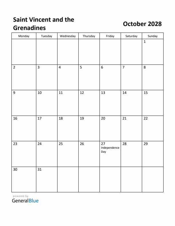 October 2028 Calendar with Saint Vincent and the Grenadines Holidays