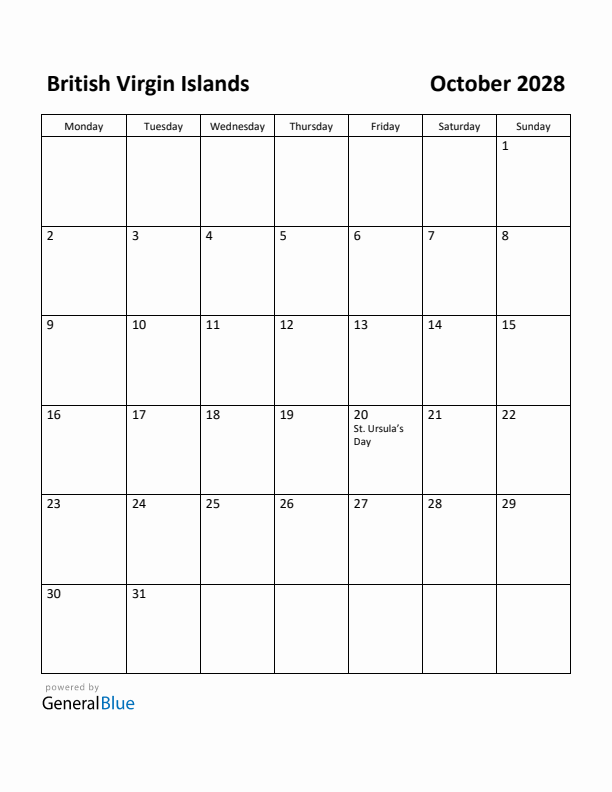 October 2028 Calendar with British Virgin Islands Holidays