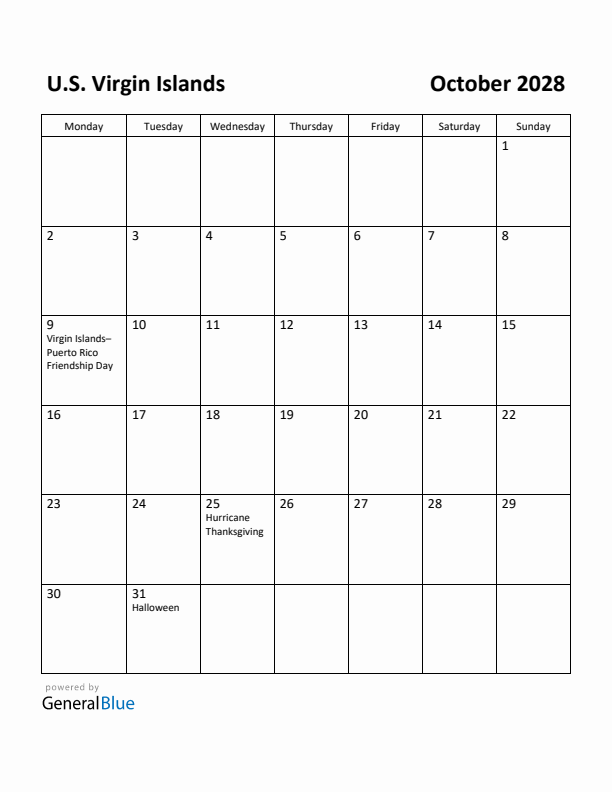 October 2028 Calendar with U.S. Virgin Islands Holidays
