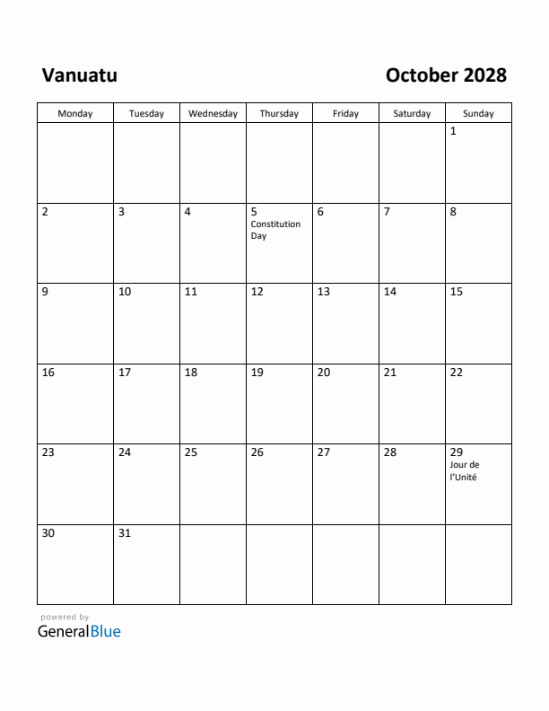 October 2028 Calendar with Vanuatu Holidays