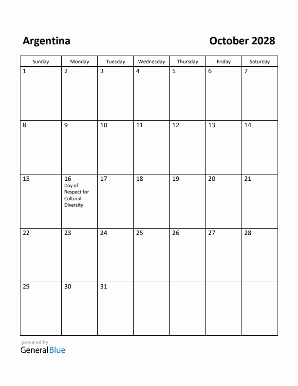 October 2028 Calendar with Argentina Holidays