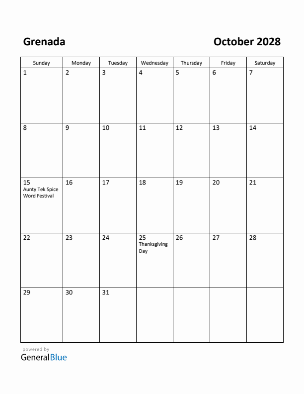 October 2028 Calendar with Grenada Holidays