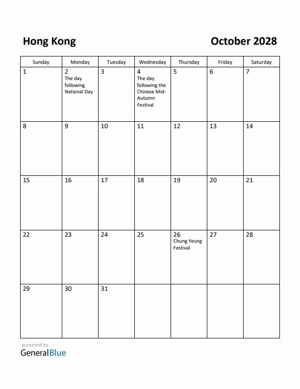 October 2028 Calendar with Hong Kong Holidays