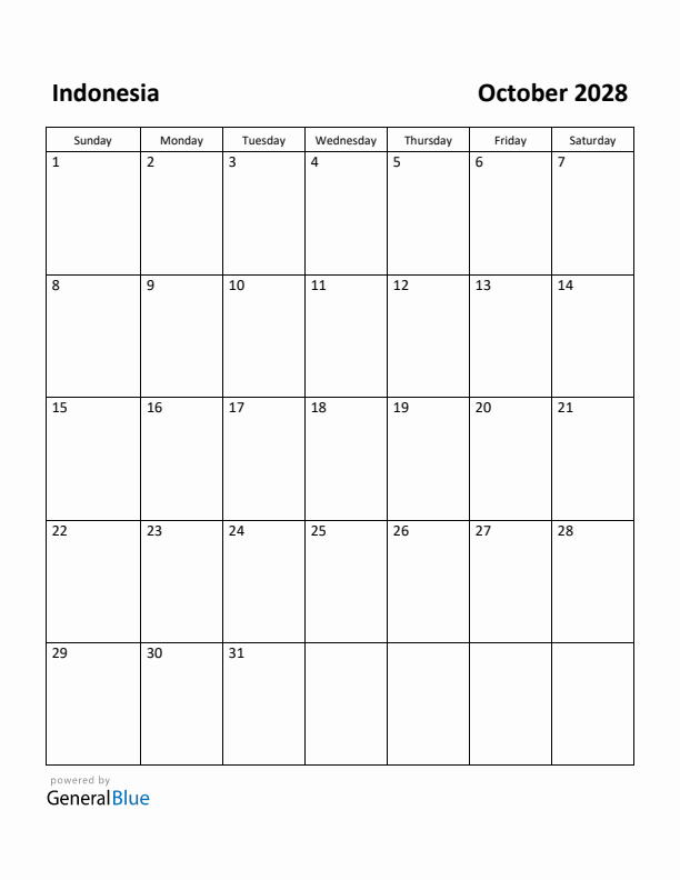 October 2028 Calendar with Indonesia Holidays