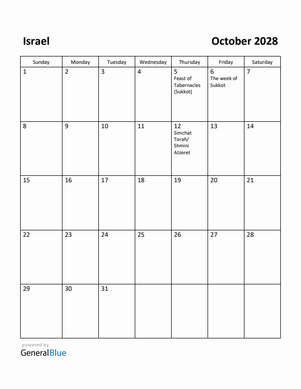 October 2028 Calendar with Israel Holidays