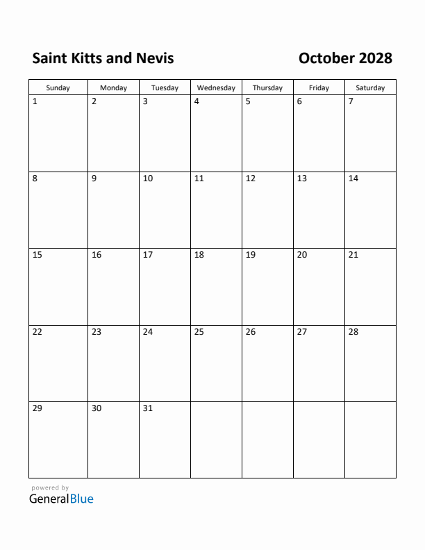 October 2028 Calendar with Saint Kitts and Nevis Holidays