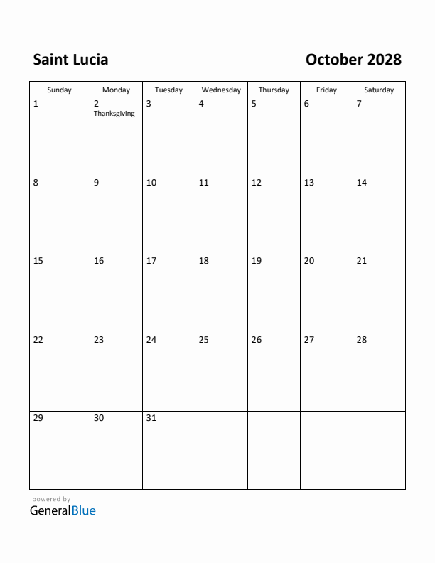 October 2028 Calendar with Saint Lucia Holidays