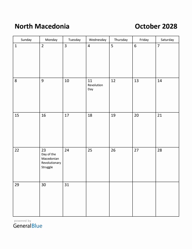 October 2028 Calendar with North Macedonia Holidays