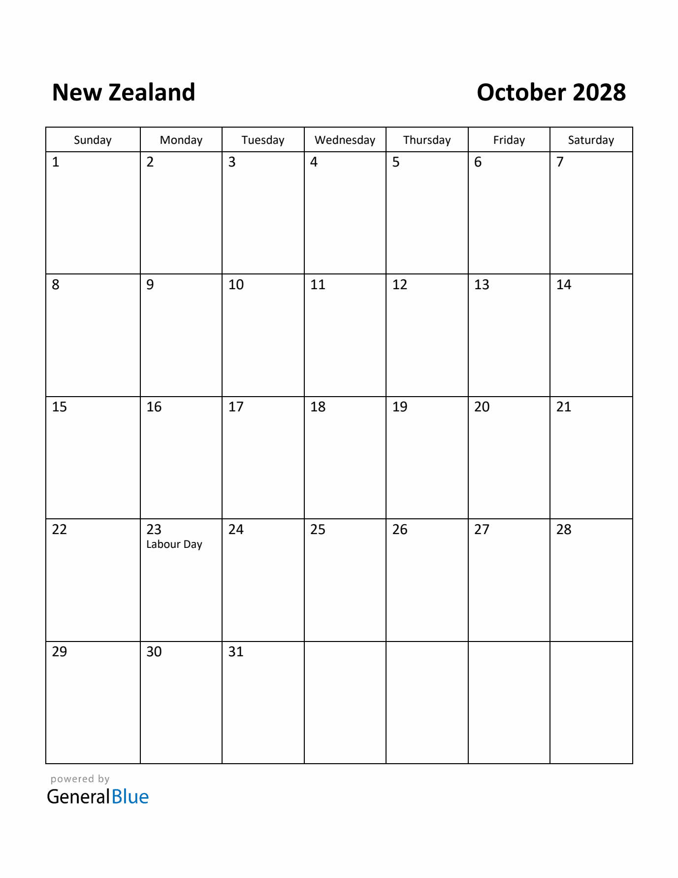 October 2028 Calendar with New Zealand Holidays