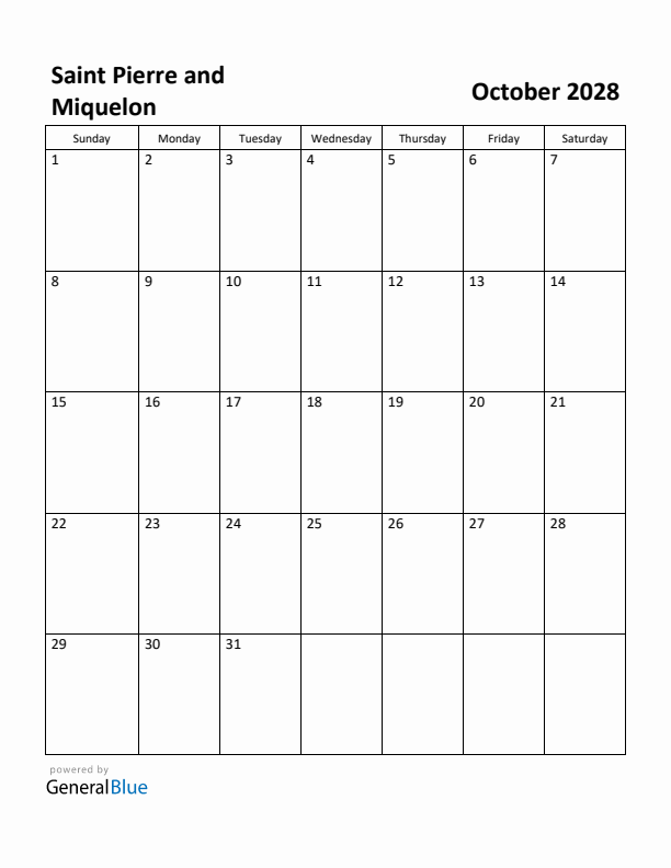 October 2028 Calendar with Saint Pierre and Miquelon Holidays