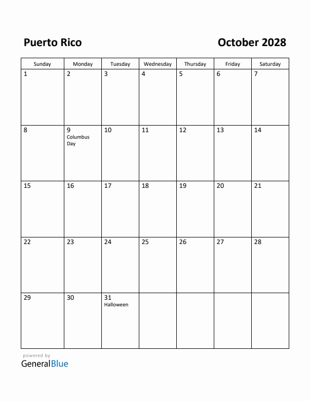 October 2028 Calendar with Puerto Rico Holidays