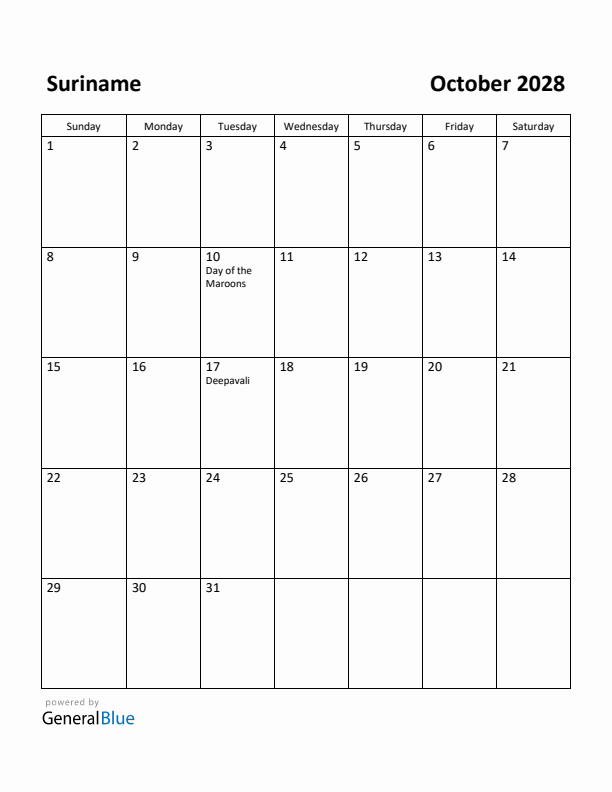 October 2028 Calendar with Suriname Holidays