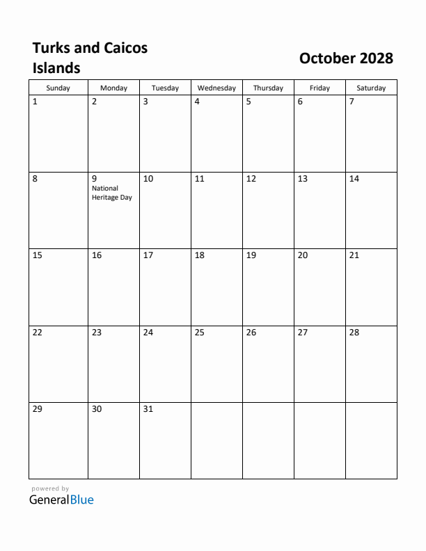 October 2028 Calendar with Turks and Caicos Islands Holidays