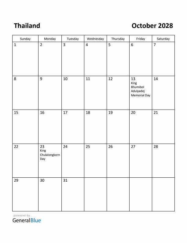 October 2028 Calendar with Thailand Holidays
