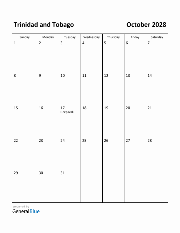 October 2028 Calendar with Trinidad and Tobago Holidays