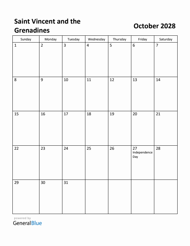 October 2028 Calendar with Saint Vincent and the Grenadines Holidays