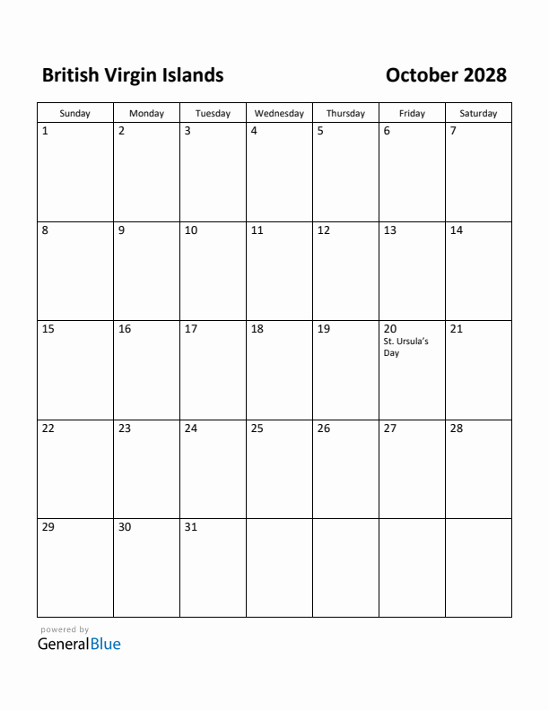 October 2028 Calendar with British Virgin Islands Holidays