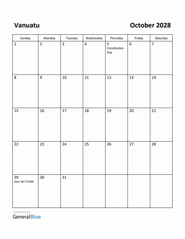 October 2028 Calendar with Vanuatu Holidays