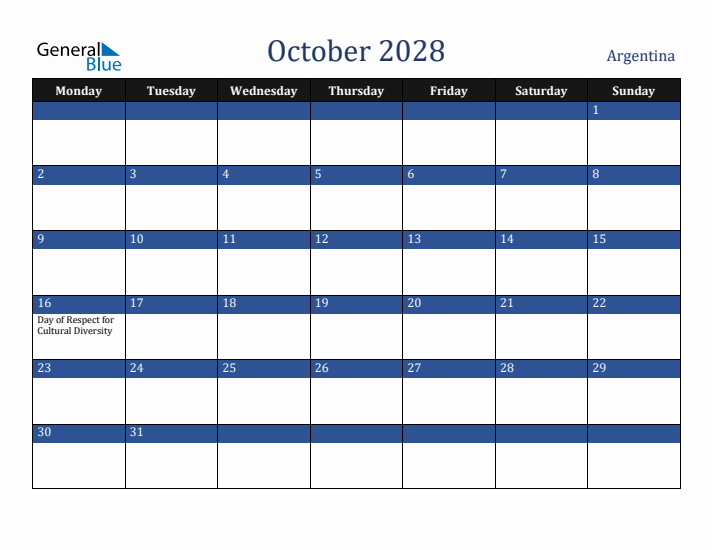 October 2028 Argentina Calendar (Monday Start)
