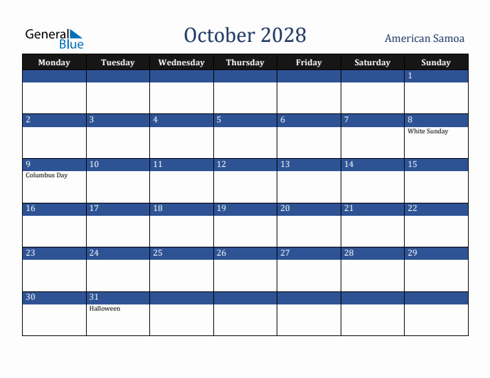 October 2028 American Samoa Calendar (Monday Start)