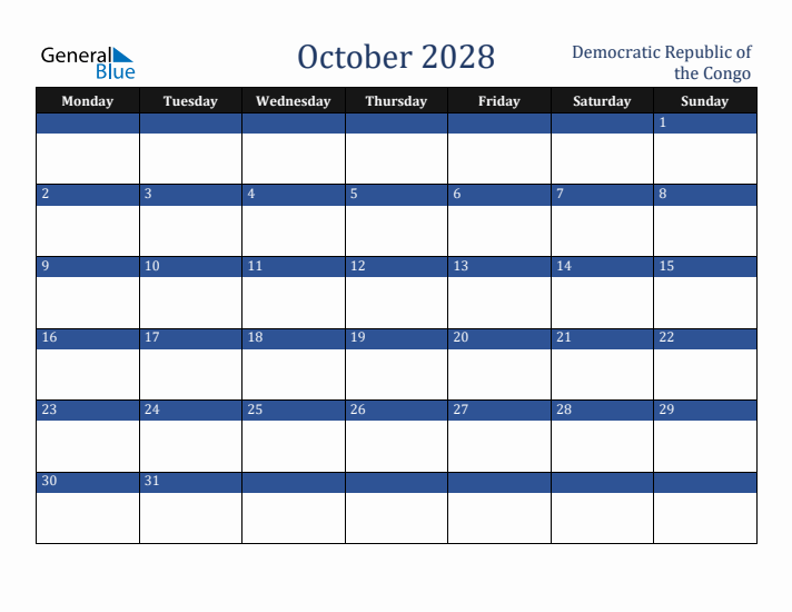 October 2028 Democratic Republic of the Congo Calendar (Monday Start)