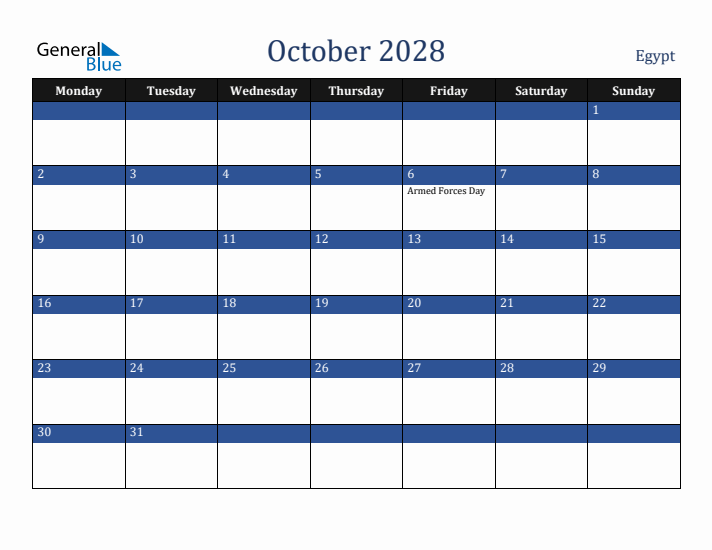 October 2028 Egypt Calendar (Monday Start)