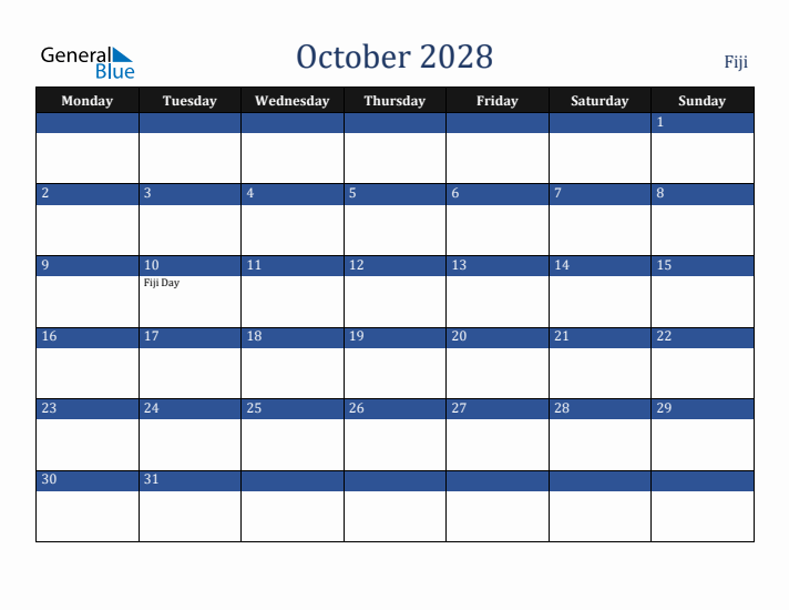 October 2028 Fiji Calendar (Monday Start)