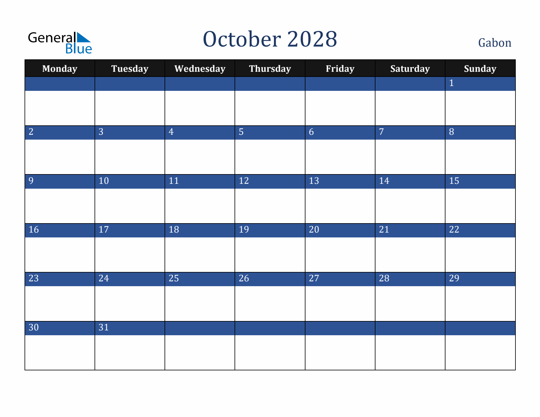 October 2028 Gabon Calendar (Monday Start)