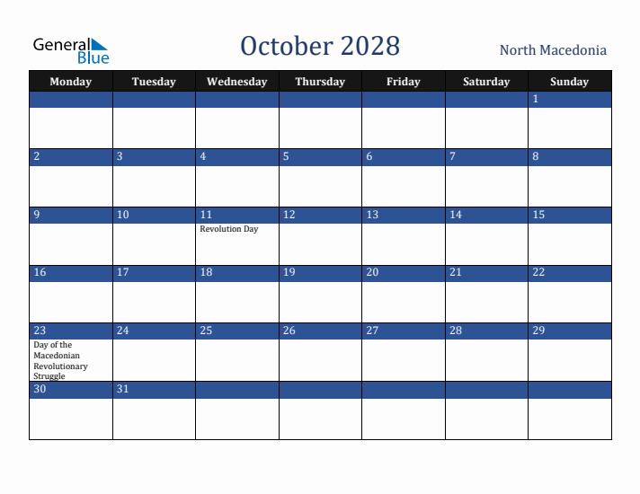 October 2028 North Macedonia Calendar (Monday Start)