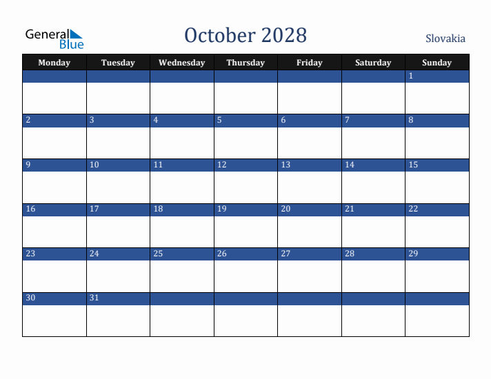October 2028 Slovakia Calendar (Monday Start)