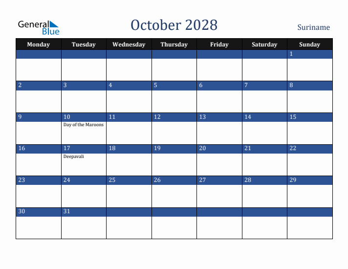 October 2028 Suriname Calendar (Monday Start)