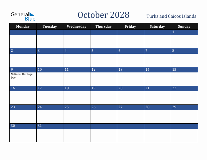 October 2028 Turks and Caicos Islands Calendar (Monday Start)