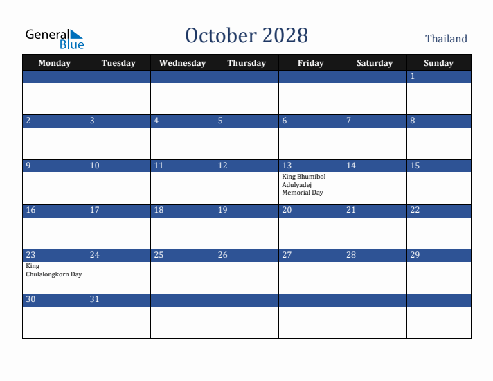October 2028 Thailand Calendar (Monday Start)