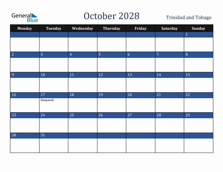 October 2028 Trinidad and Tobago Calendar (Monday Start)