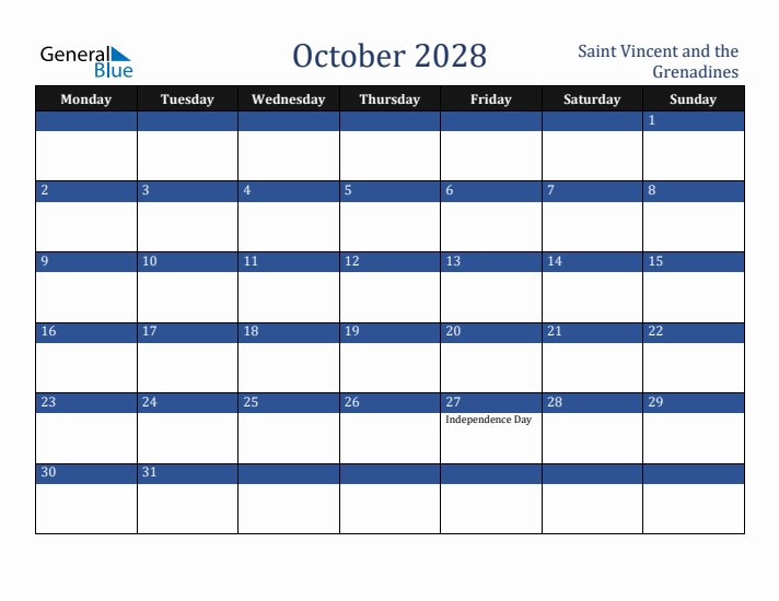 October 2028 Saint Vincent and the Grenadines Calendar (Monday Start)