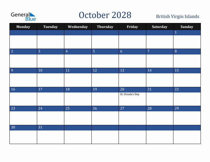 October 2028 British Virgin Islands Calendar (Monday Start)