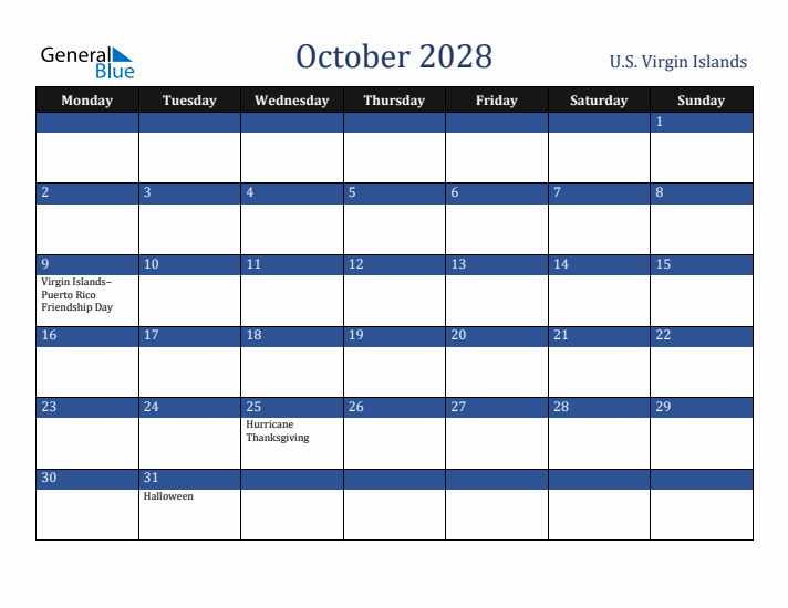 October 2028 U.S. Virgin Islands Calendar (Monday Start)